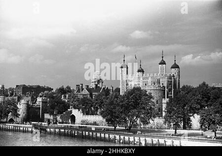 The Tower of London seen from Tower Bridge circa August 1936 Stock Photo