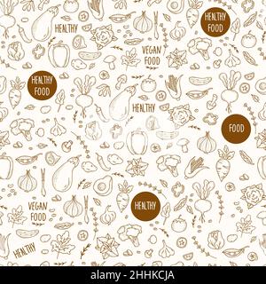 Seamless pattern with vegetables. Linear hand doodles of healthy, vegan food, vegetables, fruit, root and plant spices on white background. Vector Stock Vector