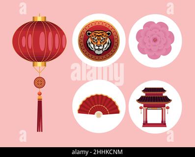 five chinese new year icons Stock Vector