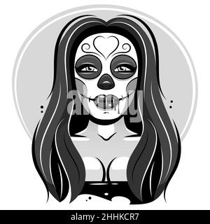 Dia de los muertos, Day of the dead, Mexican holiday, festival. Poster, banner and card with make up of sugar skull, woman with flower crown Stock Vector