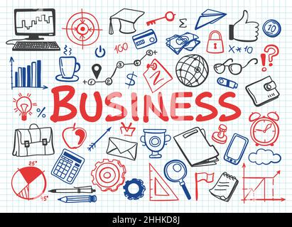 Hand drawn design vector illustration, set of business icons in doodles style, for graphic and web design Stock Vector