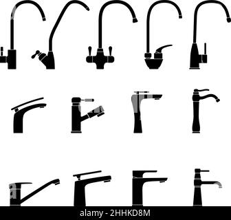 Tap kitchen and bathroom faucet icons. Vector thin line sink faucets ...