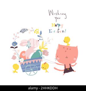 Funny Cat carrying a Cart with Easter Bunny and Eggs Stock Vector