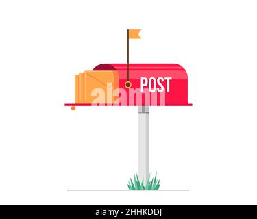 Red mailbox. Open post box with letters inside. Envelopes in postbox. Letterbox with received flag. Vector eps illustration Stock Vector