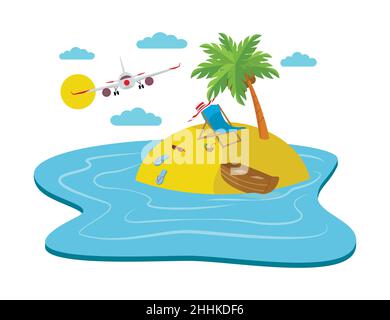 Airplane flying over the island with a beach, travelling abstract concept, 3d isometric vector illustration for web design Stock Vector