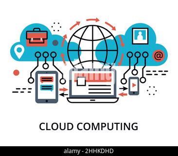 Modern flat thin line design vector illustration, concept of  cloud computing technologies and protect cloud networks, for graphic and web design Stock Vector