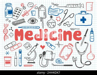 Vector icons set of medicine and healthcare objects in doodle style, for graphic and web Stock Vector