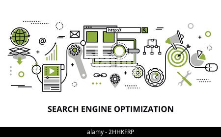 Modern flat thin line design vector illustration, concept of search engine optimization, for graphic and web design Stock Vector