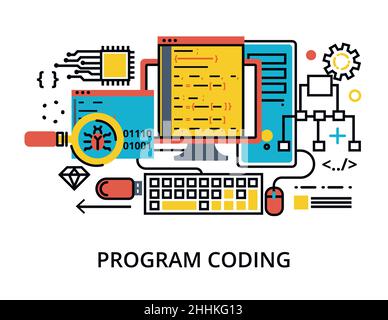 Modern flat editable line design vector illustration, concept of programming, development software and coding process, for graphic and web design Stock Vector