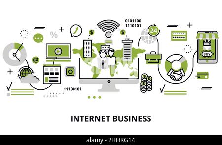 Modern flat line design vector illustration, concept of internet business process and finance success in greenery color, for graphic and web design Stock Vector