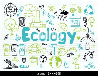 Hand drawn design vector illustration, set of ecology, ecology problem and green energy icons in doodle style, for graphic and web design Stock Vector
