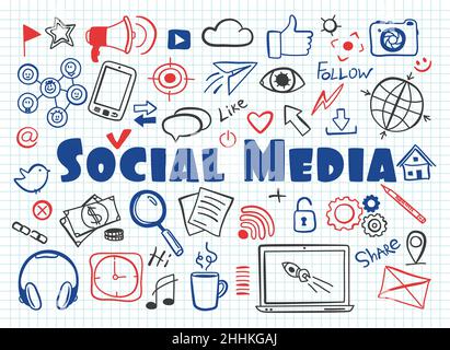 Hand drawn design vector illustration, set of social media, social networking, web communtity and posting news icons in doodle style, for graphic and Stock Vector