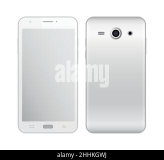 White smart phone in front and back sides on white background. Realistic vector illustration, for graphic and web design Stock Vector