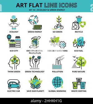 Set of ecology icons for graphic and web design, flat line vector illustration Stock Vector