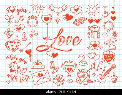 Love composition in doodle style. Vector illustration on cells background Stock Vector