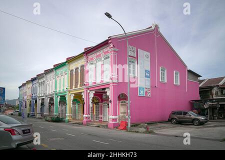 George Town, Penang, Malaysia - Jan 3rd 2022: Row of colorful heritage houses in George Town, Penang. Stock Photo