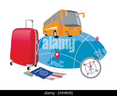 Concept of travelling around the world on a bus, journey and trip to other countries, 3d isometric vector illustration for graphic and web design Stock Vector