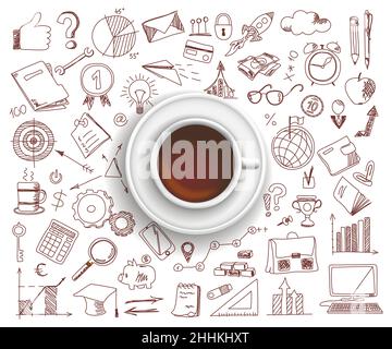 Hand drawn design vector illustration, Coffee cup with set of business icons in doodle style, for graphic and web design Stock Vector