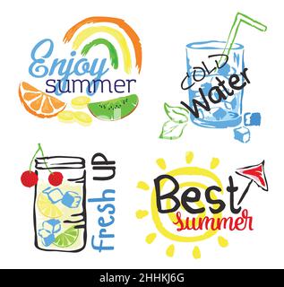 Set of fruit labels and stickers. Vector illustration in watercolor style, for graphic and web design Stock Vector