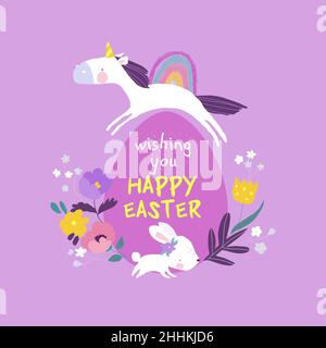 Cute Unicorn, Easter Bunny and Easter Egg. Happy Holidays Stock Vector