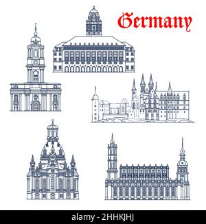 Germany, Dresden architecture vector buildings, churches and cathedrals, travel landmarks. Dresden Frauenkirche or Church of Our Lady, Holy Trinity Ca Stock Vector