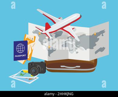 Concept of travelling around the world, journey and trip to other countries, 3d isometric vector illustration for graphic and web design Stock Vector