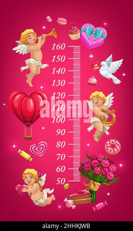 Valentines day height chart, cupids, gifts and hearts growth meter. Vector centimeter scale for kids with Valentine holiday cartoon characters and ite Stock Vector