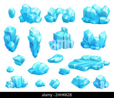 Cartoon frozen ice crystals and icicles, blocks and icebergs, magic stones game asset. Vector blue iced floes, salt mineral or cave stalagmites. Cap s Stock Vector