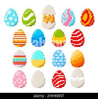 8 bit pixel Easter eggs and chicken. Pixel art game isolated eggs with vector yellow chick baby bird, broken shells and color pattern of circles, star Stock Vector