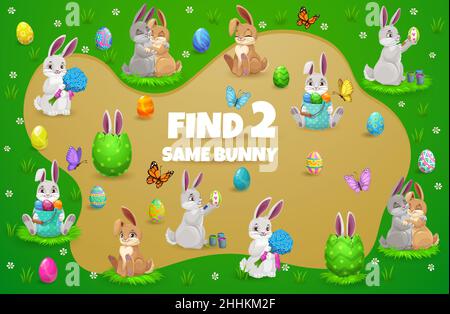 Easter kids game with cartoon bunnies and eggs. Vector education puzzle, memory game or matching riddle template, find two same Easter bunnies with eg Stock Vector