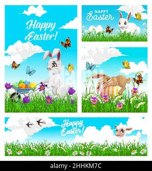 Happy Easter holiday vector posters, rabbit push wheelbarrow with decorated eggs, bunny sleeping on field, white sheep. Greeting card with cute cartoo Stock Vector