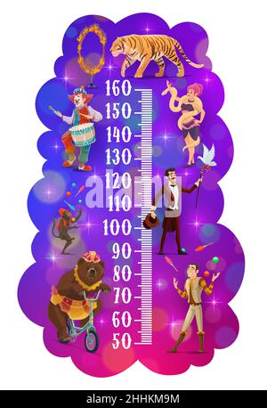 Kids height chart. Circus animal trainers handlers on growth meter, vector height ruler. Funfair carnival or shapito circus illusionist, magician, bea Stock Vector