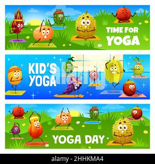 Kids yoga, yoga day and pilates fitness with cartoon tropical fruits ...