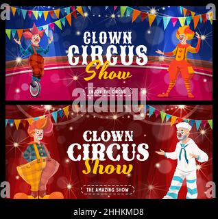 Shapito circus cartoon clowns and jesters on stage of carnival show. Vector clown characters, comic entertainers or harlequins with funny makeup, red Stock Vector