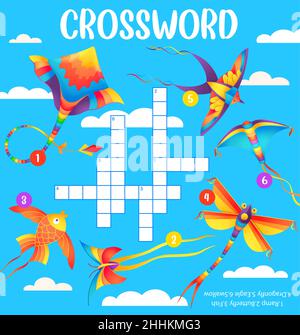 Kites in cloudy sky crossword worksheet, find a word quiz game. Cartoon vector cross word test for kids educational and recreational activity with ram Stock Vector