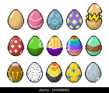 8bit pixel art happy easter eggs and chicken icons. Retro arcade game objects set, eggs and chicken hatching vector icons with cubic pixels, colorful Stock Vector
