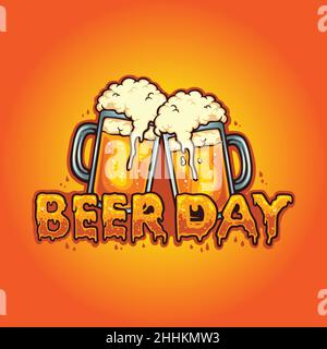 Beer Day Typeface Joint Two Glass Alcohol Vector illustrations for your work Logo, mascot merchandise t-shirt, stickers and Label designs, poster Stock Vector