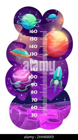 Kids height chart. Cartoon space planets, future spaceship or rocket, alien flying saucer. Preschooler child growth measure meter with craters on fant Stock Vector