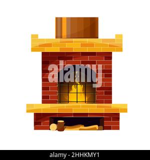 Brick fireplace or hearth with firewood and burning fire. Vector traditional style indoors chimney with grate and place for logs. Vintage home firesid Stock Vector