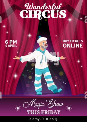 Shapito circus poster. Cartoon sailor clown character vector flyer with jester performing magic show on stage with curtains and spotlights. Artist per Stock Vector