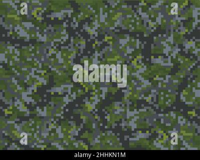 Khaki camouflage cubic background pattern with grass and grey stone blocks, vector pixel game 8bit pixels or computer game level for craft camo underg Stock Vector