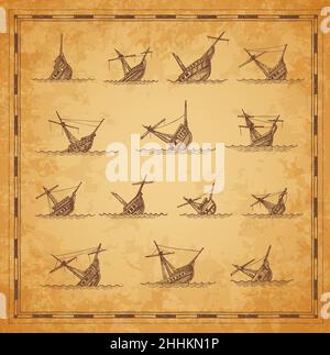 Sunken sailing ships sketches, vintage map elements. Vector engraved wreck sea vessels going on ocean bottom on ancient torn papyrus. Engraving shipwr Stock Vector