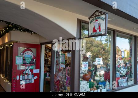 Facade of Kris Kringle, a Christmas store open year round, Carmel, California, September 5, 2021. Photo courtesy Sftm. Stock Photo