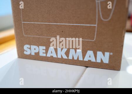 Logo for Speakman bathroom equipment company on box, Lafayette, California, September 15, 2021. Stock Photo