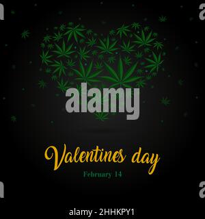 Heart symbol made from green marijuana leaves on a black background. The concept of love, recognition Stock Vector