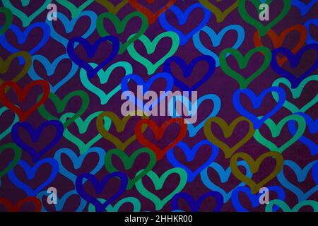 Valentine's day concept with colorful heart patterns background. Colorful love concept idea with lots of hearts on the wall illustration. Stock Photo
