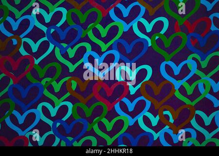 Valentine's day concept with colorful heart patterns background. Colorful love concept idea with lots of hearts on the wall illustration. Stock Photo