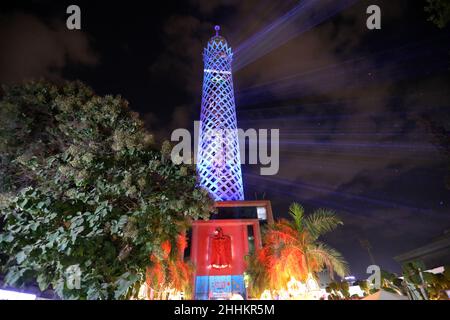 Cairo. 24th Jan, 2022. Photo taken on Jan. 24, 2022 shows the Cairo Tower during a light show in Cairo, Egypt. A light show was held at the Cairo Tower for the upcoming Beijing 2022 Winter Olympics. Credit: Sui Xiankai/Xinhua/Alamy Live News Stock Photo