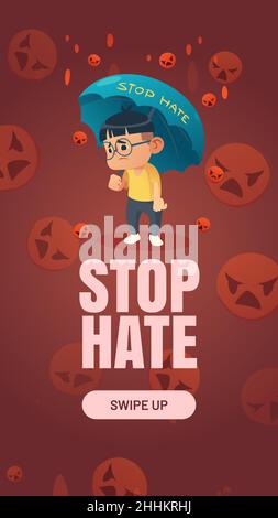 Stop Hate, protest poster against racism, violence, hatred and discrimination. Vector social media template with cartoon illustration of asian boy with umbrella under rain of falling negative emoji Stock Vector