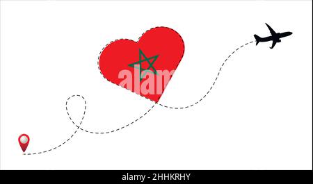 Airplane flight route with Morocco flag inside the heart. Travel to your favorite country. Stock Vector